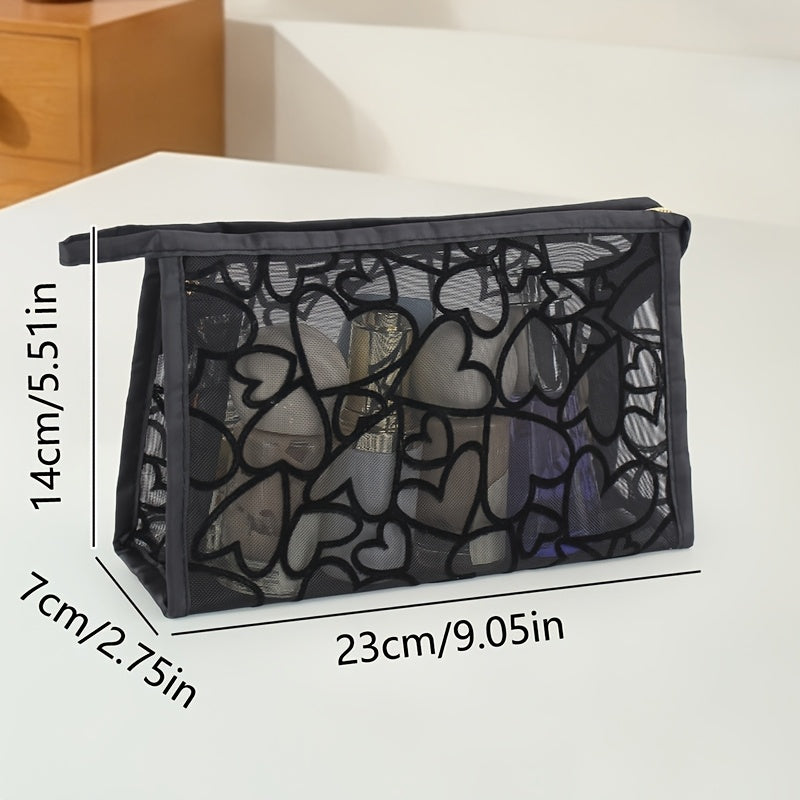 Black Mesh Cosmetic Bag with Large Heart Design - Lightweight Portable Travel Organizer with Sturdy Handles, Unisex Makeup Pouch for Women & Men, Durable Fabric for Daily Use & Vacation Storage, Sturdy Handle Construction, Makeup Travel Bag