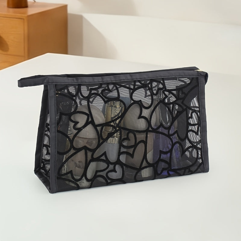 Black Mesh Cosmetic Bag with Large Heart Design - Lightweight Portable Travel Organizer with Sturdy Handles, Unisex Makeup Pouch for Women & Men, Durable Fabric for Daily Use & Vacation Storage, Sturdy Handle Construction, Makeup Travel Bag