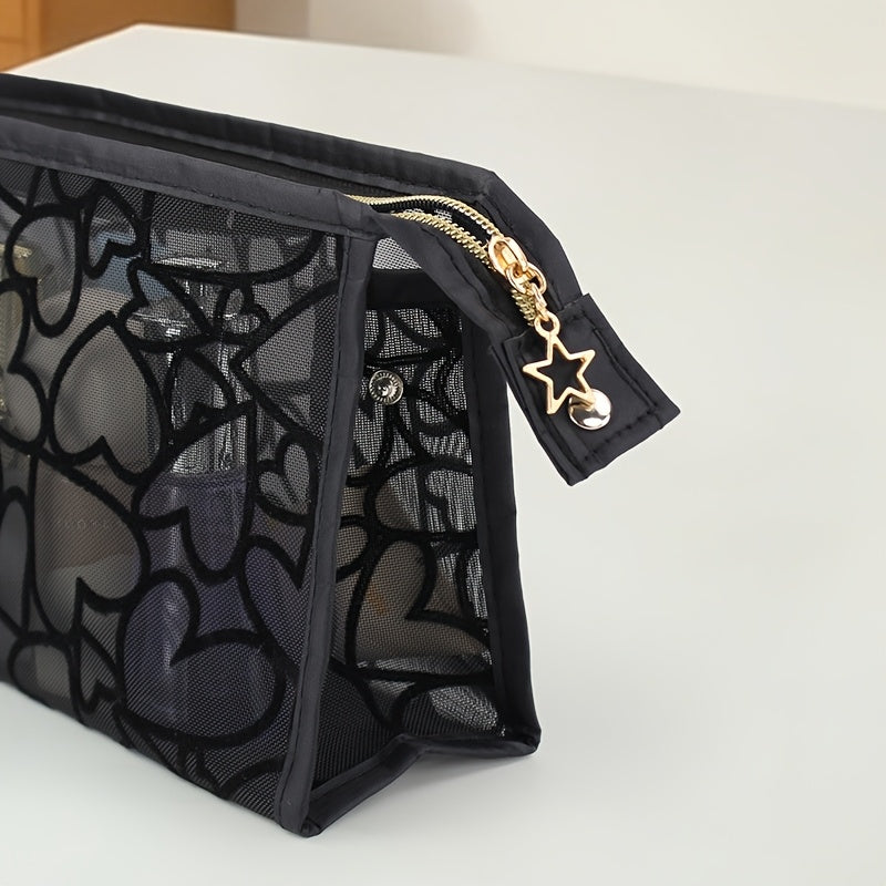 Black Mesh Cosmetic Bag with Large Heart Design - Lightweight Portable Travel Organizer with Sturdy Handles, Unisex Makeup Pouch for Women & Men, Durable Fabric for Daily Use & Vacation Storage, Sturdy Handle Construction, Makeup Travel Bag