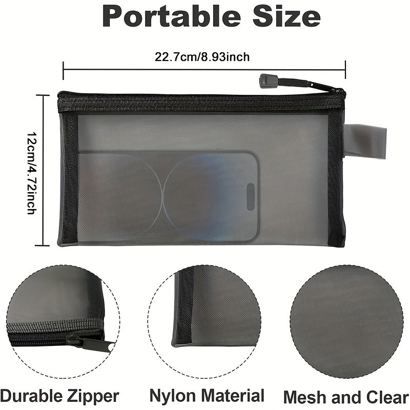 Mesh Zipper Bags (Set of 6), Small Nylon Cosmetic Pouches for Travel Organization, Ideal for Handbags And Home Storage, in Black